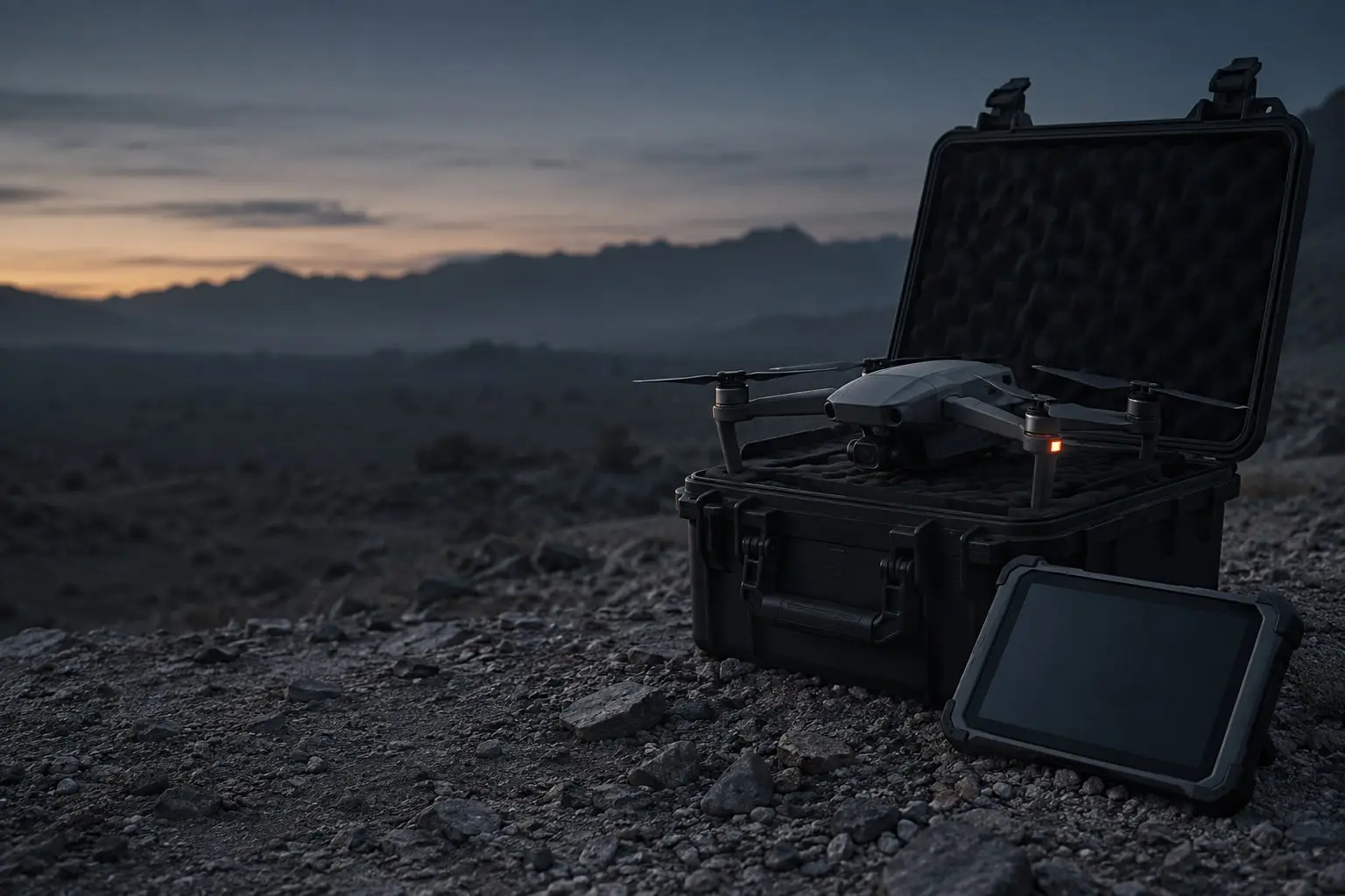Unmarked quadcopter drone on a rugged equipment case in the desert at first light