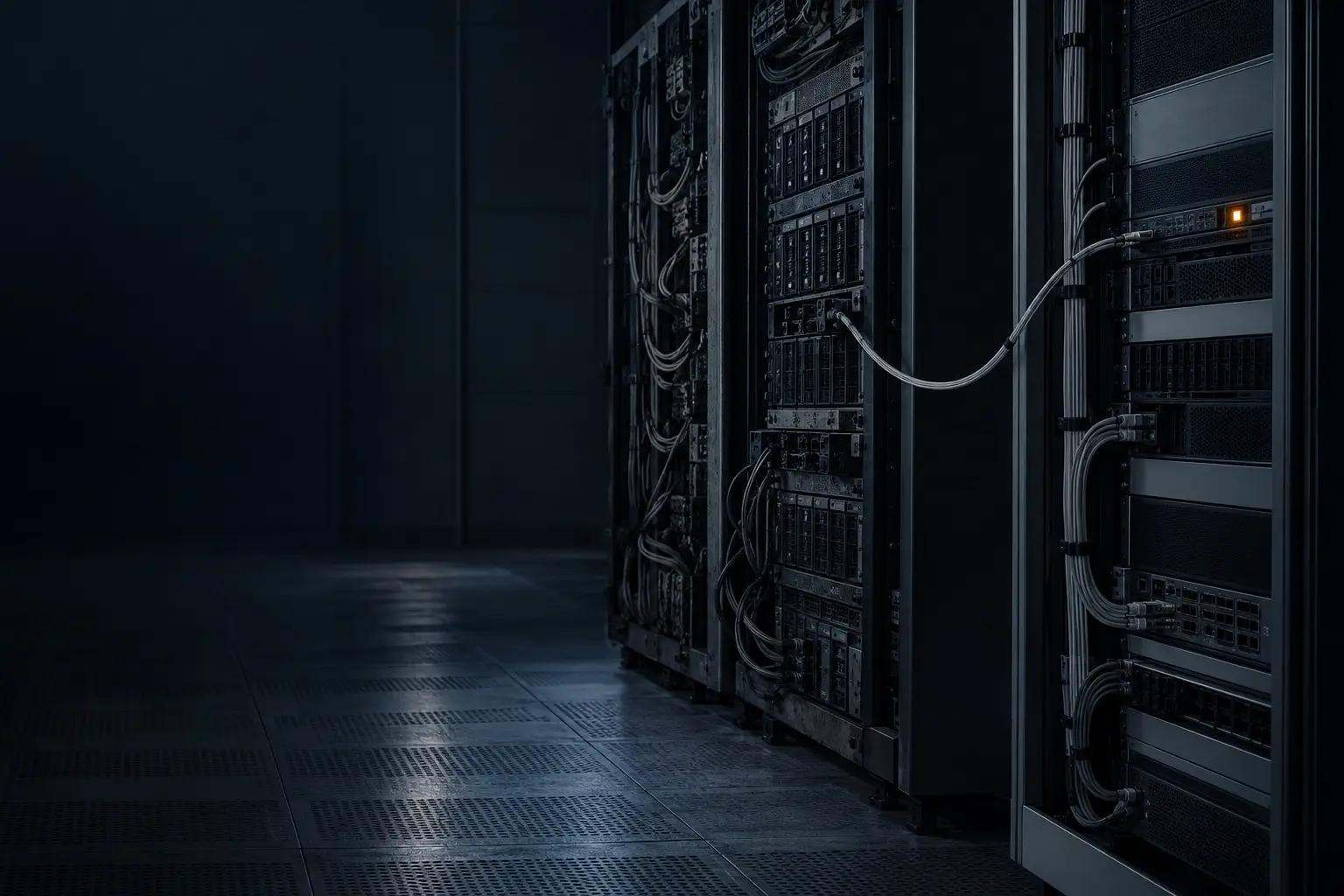 Older database server racks linked by a single cable to a newer, cleanly cabled rack in a dark server room