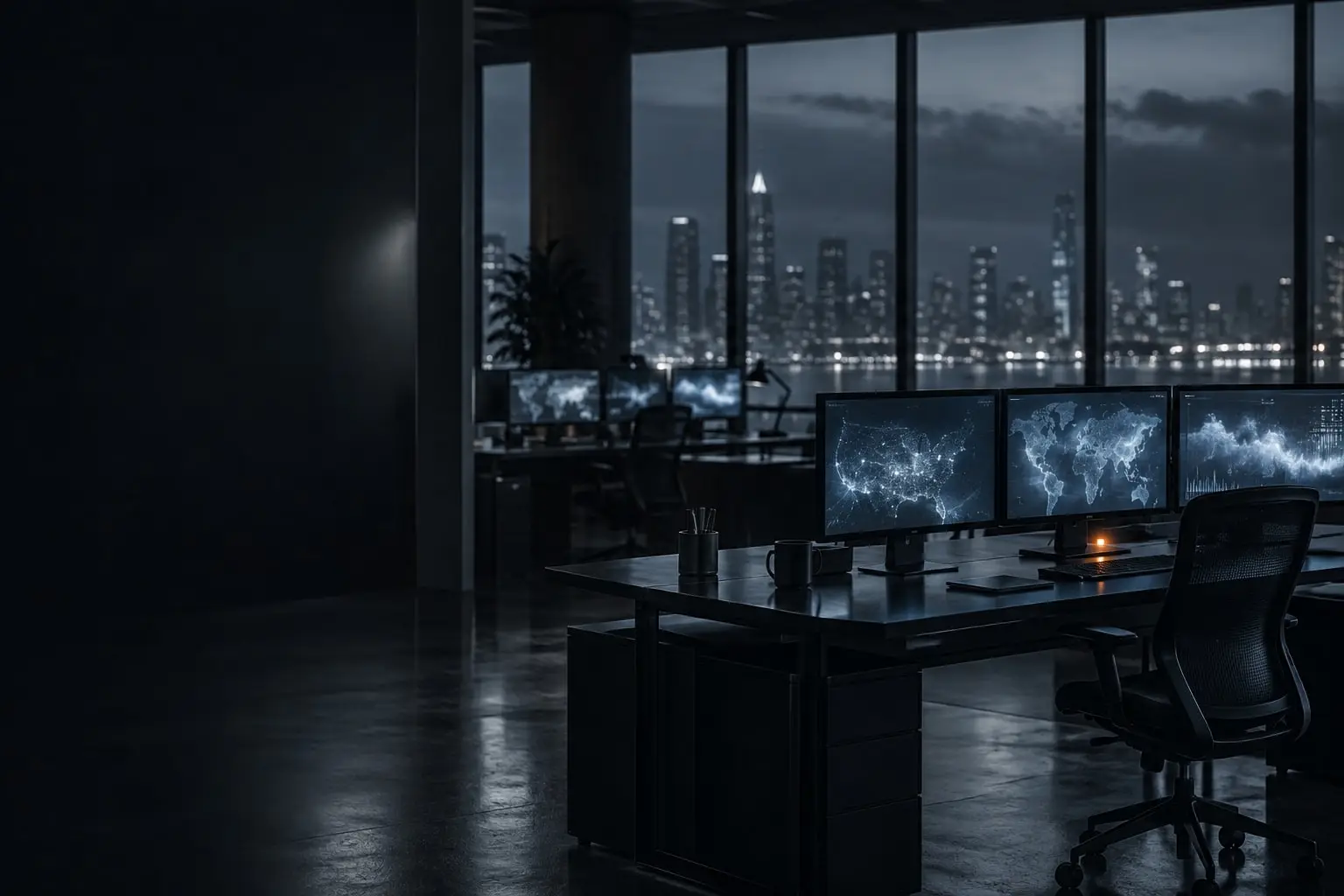 Product operations floor at night with dashboards on monitors and a city skyline beyond