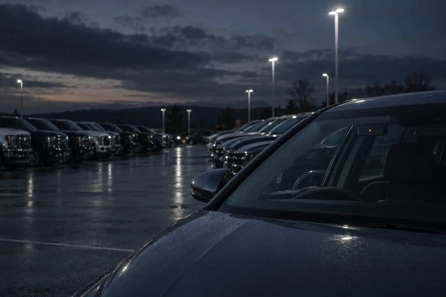 Rows of vehicles on a car dealership lot at dusk