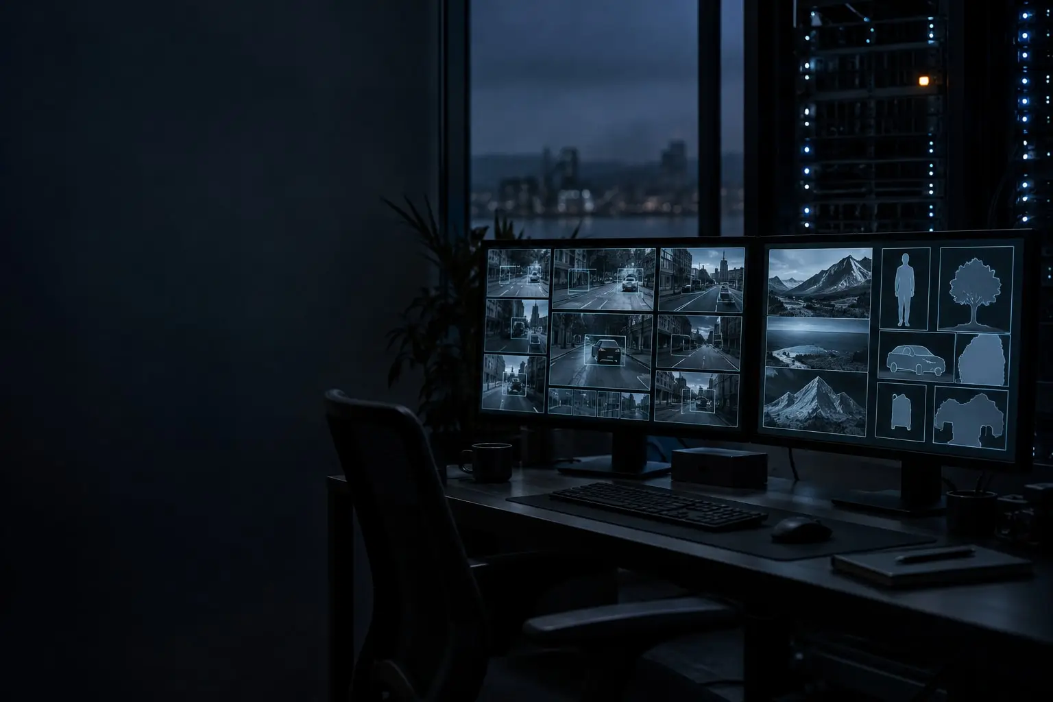 Monitors showing video frames and images with labeling bounding boxes in a dark workspace
