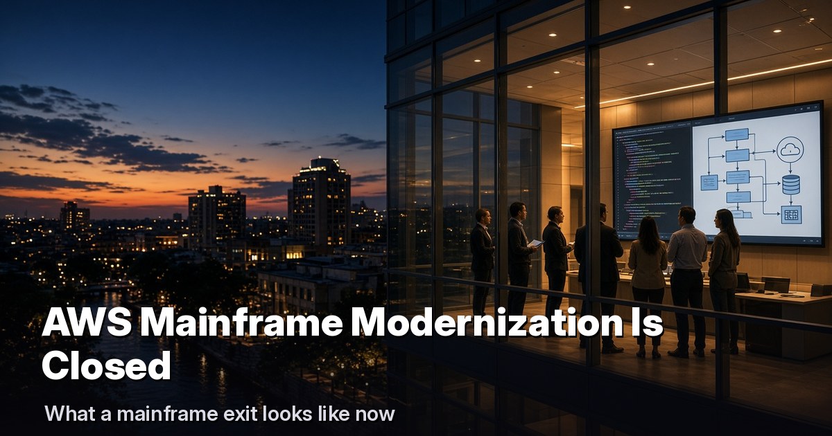 A team reviewing a mainframe migration plan on a wall screen in a downtown office at dusk