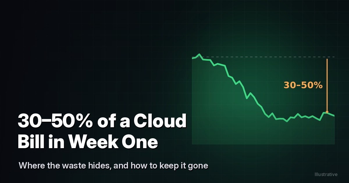 Illustrative green line chart of cloud costs dropping 30 to 50 percent