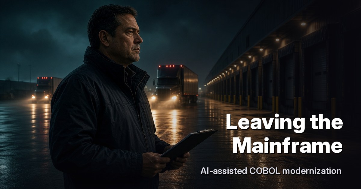 Operations manager on a warehouse loading dock at night watching trucks pull out