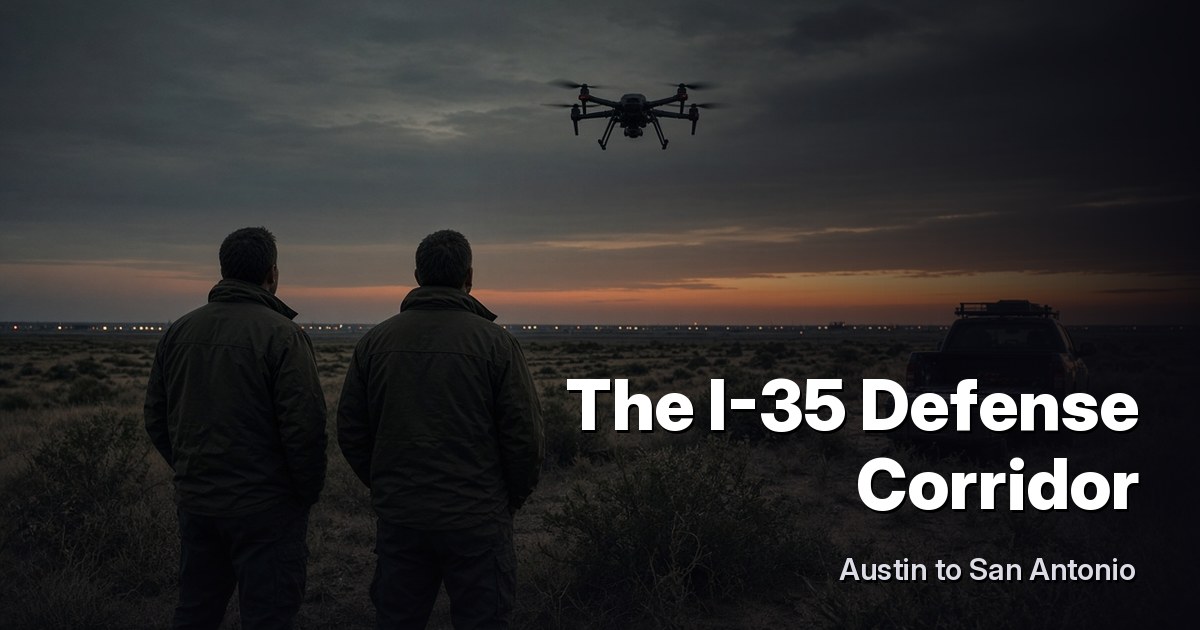 Engineers in jackets watching a test drone over a South Texas field at dusk