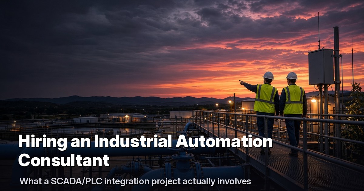 Two engineers in hard hats and hi-vis vests on a catwalk above blue pipes at a water pumping station at dusk