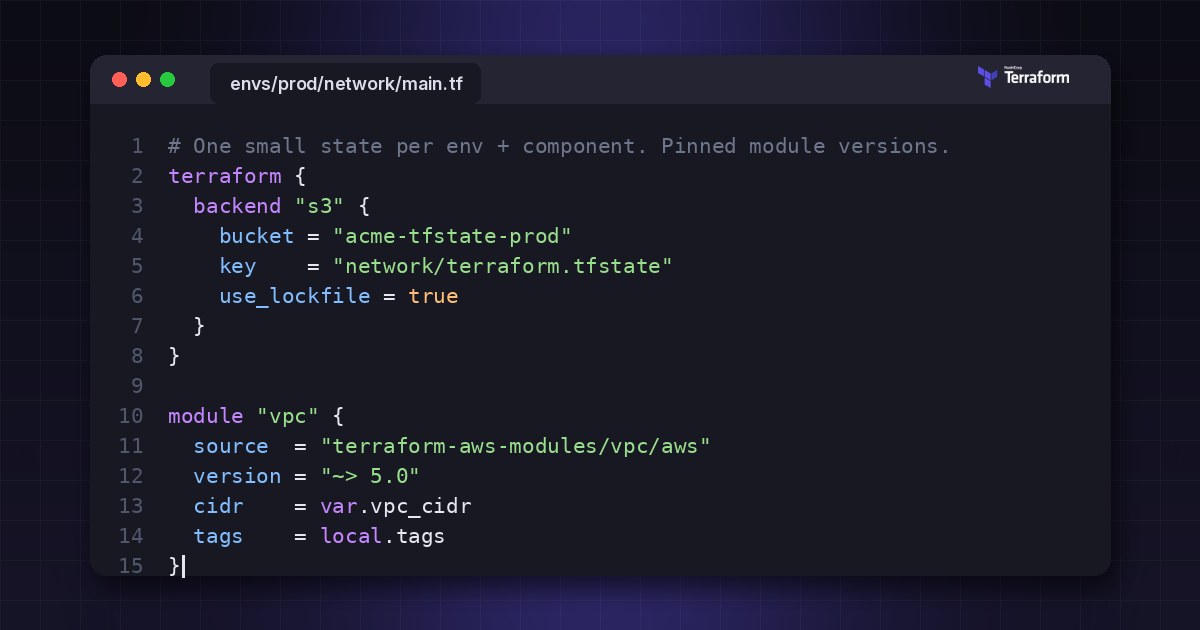 Code editor showing a Terraform configuration for a production VPC