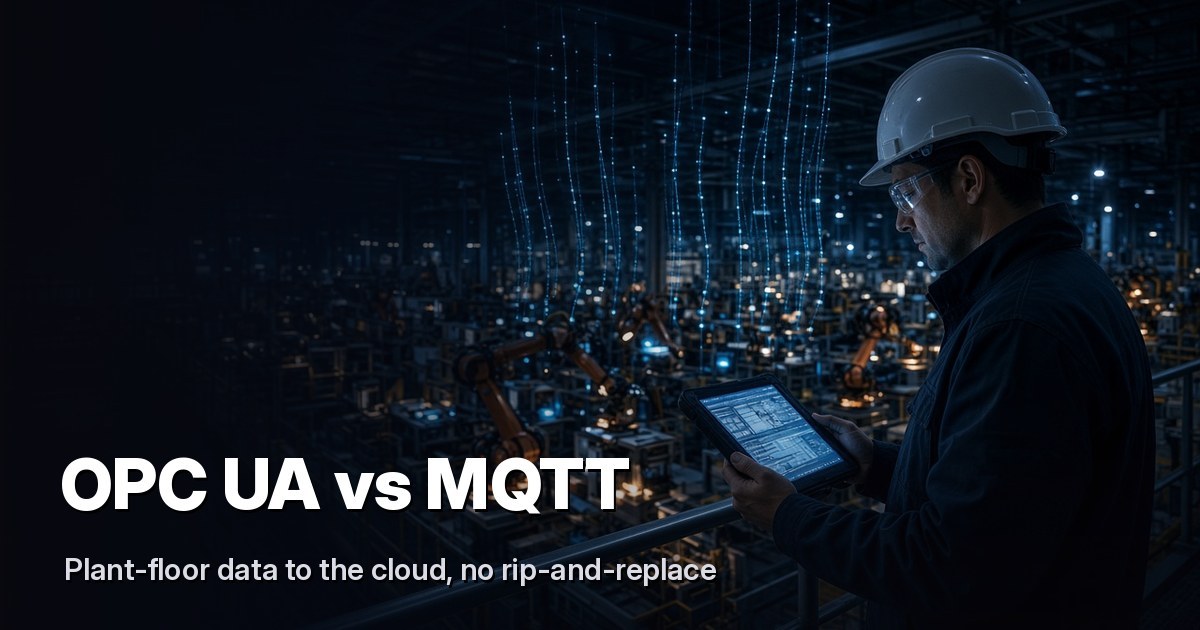 Controls engineer with a tablet on a catwalk above a production line as data streams up from the machines.