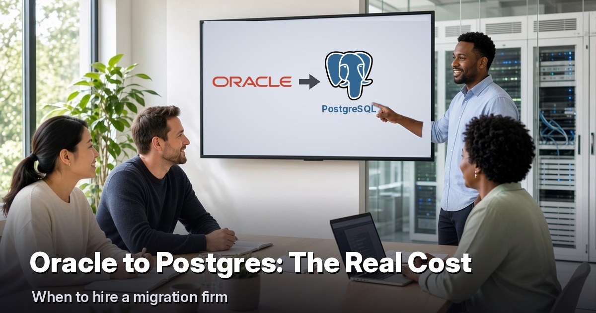 A team meets in a bright conference room as a colleague points to a screen showing the Oracle logo with an arrow to the PostgreSQL elephant, a glass-walled server room behind them