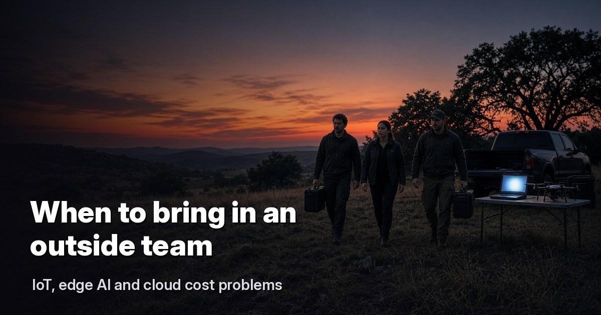 Three engineers carrying hard cases toward a drone and laptop at a Texas Hill Country test site at sunset.