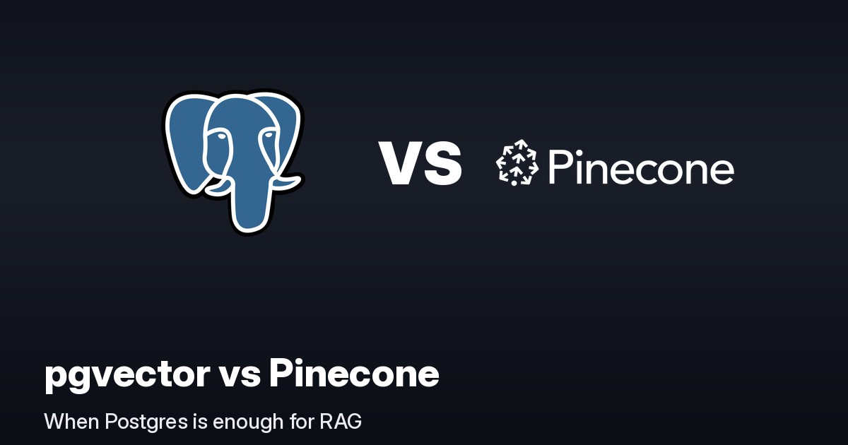 The PostgreSQL elephant and the Pinecone logo with a bold VS between them on a dark background