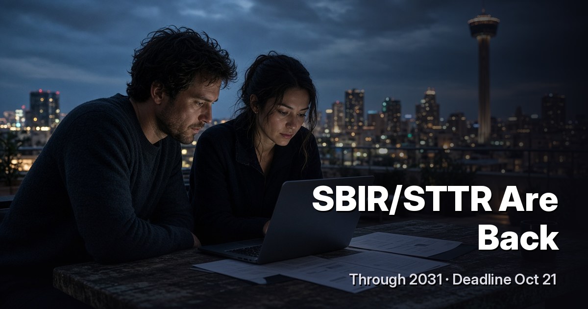 Two founders reviewing a proposal on a laptop at dusk on a San Antonio rooftop