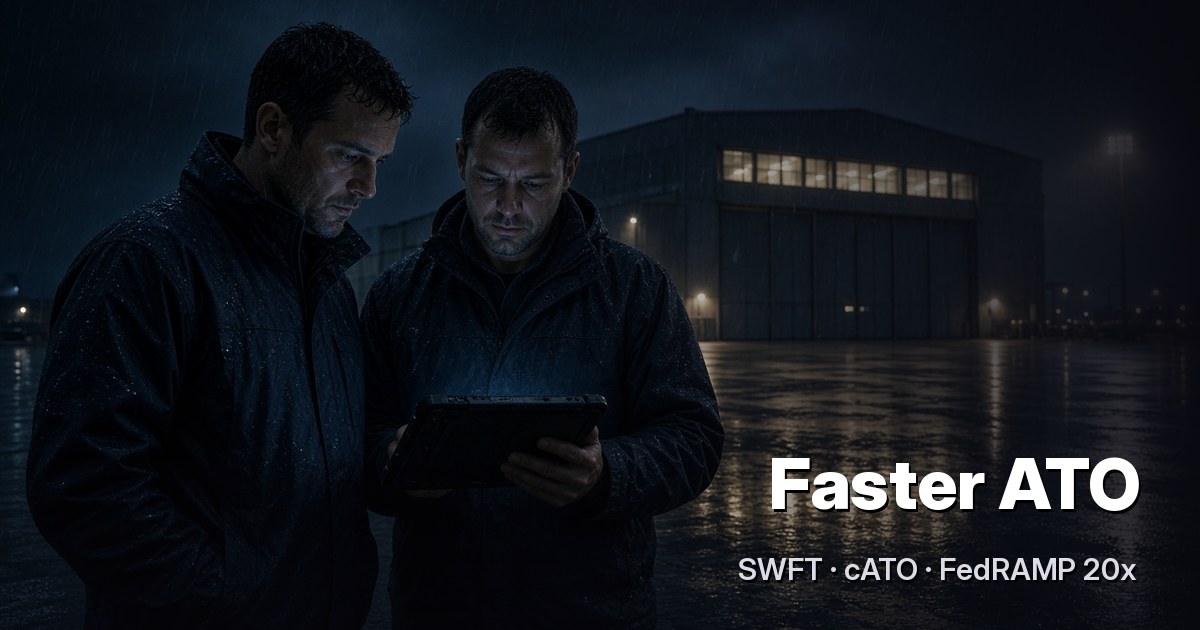 Two engineers in a hangar doorway at night reviewing a tablet beside a parked aircraft